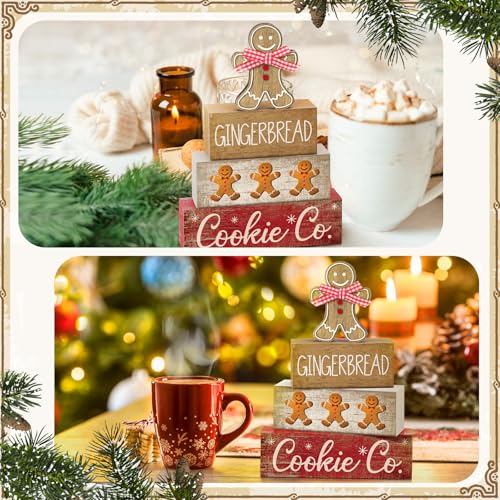 Image of Moucuny 4 Pcs Christmas Table Decor Gingerbread Man Decoration Christmas Centerpiece Winter Tiered Tray Decor Rustic Gingerbread Block Signs Gift Winter Table Decoration for Xmas Party Kitchen Home