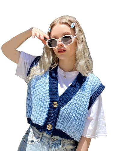 Floerns Women's Color Block Striped Open Front Button Front Sweater Vest Blue M #TOP22