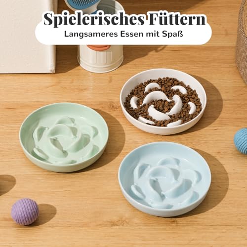 Antischlingnapf Katze Set aus Melamin - 3 Stück Futternäpfe für langsames Fressen - Katzennäpfe in Pastellfarben - Fressnäpfe für Katzen - Weiß, Blau und Grün