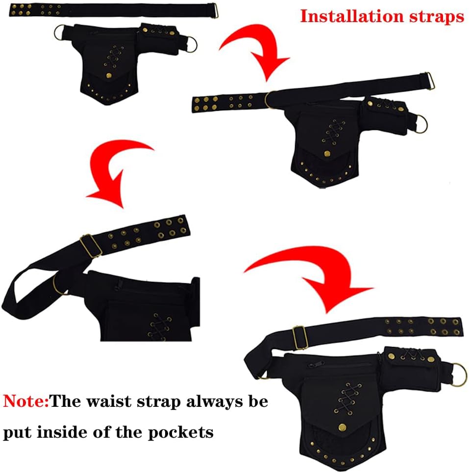 KPYWZER Waist Bag for Women Fanny Pack Renaissance Faire Festival Lace Chest Pack Hip Bum Bag with Adjustable Belt Travel Outdoors Black - Image 6