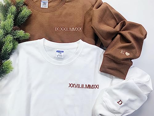 Custom Embroidered Roman Numeral Date Sweatshirt Matching Couple Outfits for Couple Sweatshirt Special Day Date/Initials on Sleeve/Wedding Day Birthday Valentines Day Couples Gift4