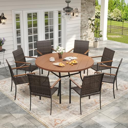 Image of VICLLAX Round Outdoor Table and Chairs, 9 Pieces Patio Dining Set of Metal Patio Table with Storage Shelf and 8 Wicker Patio Stackable Chairs for Porch Yard Garden Walnut Tabletop