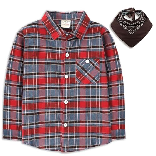 Boys' Button-Down Shirts Cowboy Western Plaid Long Sleeve with Bandana for Toddler Kids Outfit