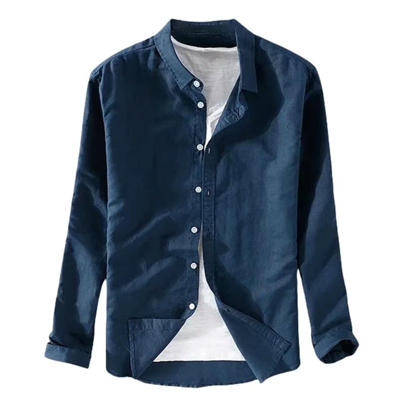 Camisa de manga larga de lino azul para días de oficina y terrazas de verano