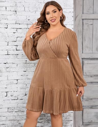 Image of Women's Plus Size Casual Sweater Dress Square Neck Long Lantern Sleeve Tie Waist Loose Pullover Sweater Dresses