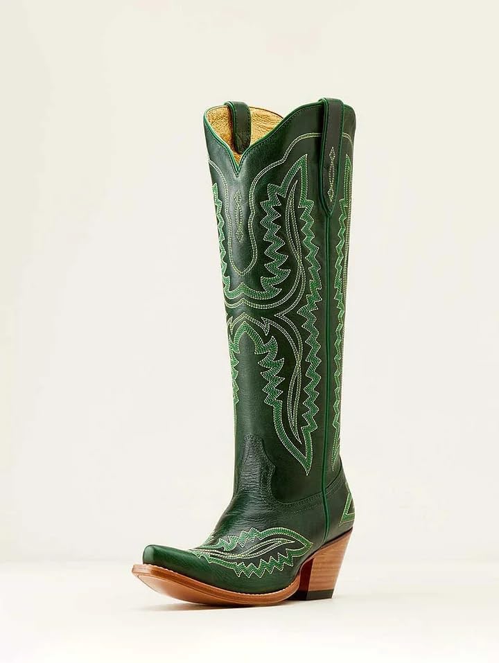 UniqueStride Women's Knee High Cowgirl Boots Western Cowboy Embroidery Chunky Heel Side Zipper Snip Toe Riding Biker Motorcycle Wide Calf Tall Boot