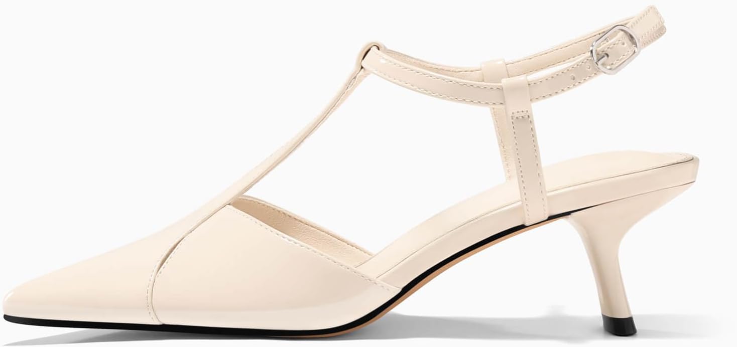 Coutgo Womens Low Kitten Heels Closed Pointed Toe Cutout T-Strap Pumps Wedding Prom Dress Shoes - Image 4