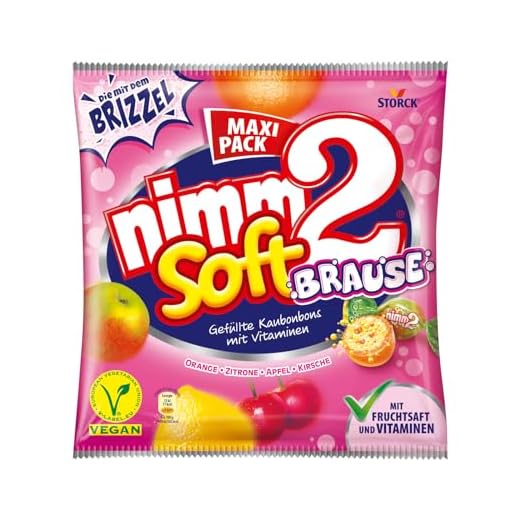 nimm2 soft Brause Bonbons – 1 x 345 g – Kaubonbons in vier Sorten mit Brausefüllung, Fruchtsaft und Vitaminen – Vegane Süßigkeit