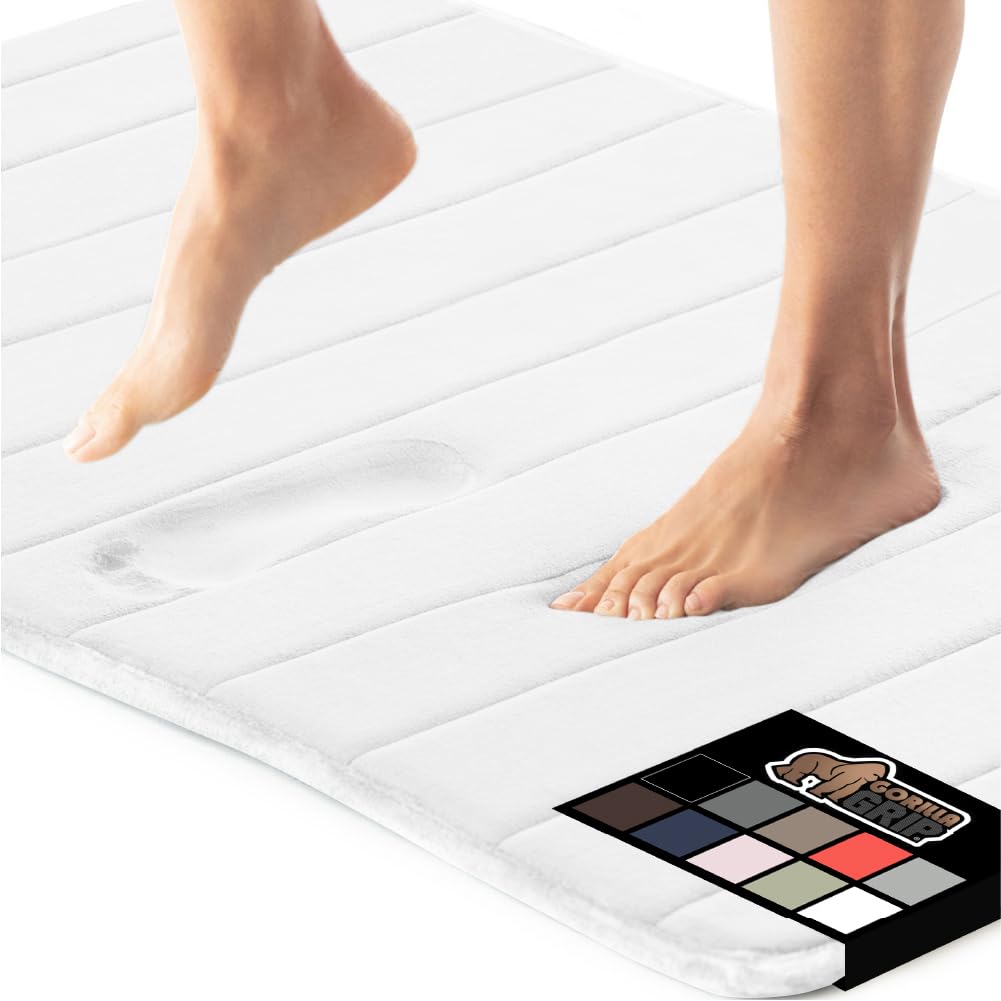 GORILLA GRIP Memory Foam Bathroom Rug, 36x24 White, Soft Absorbent Comfortable Bath Mat, Dots on Underside, Machine Wash Bathmat, Cushioned Shower Floor Carpet Rugs, Room Decor Accessories