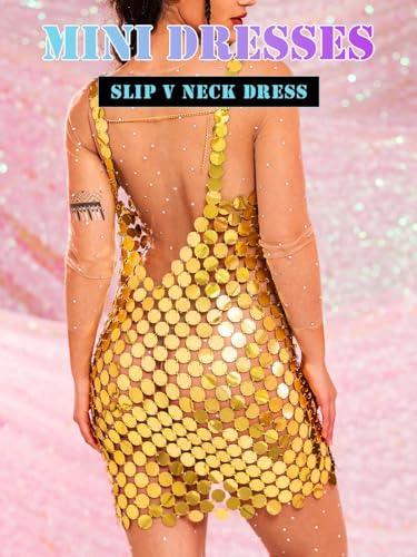 BODIY Gold Dot Sequins Chainmail Dress Sparkly Slip Mini Dresses Club Sleeveless V Neck Dress for Women4