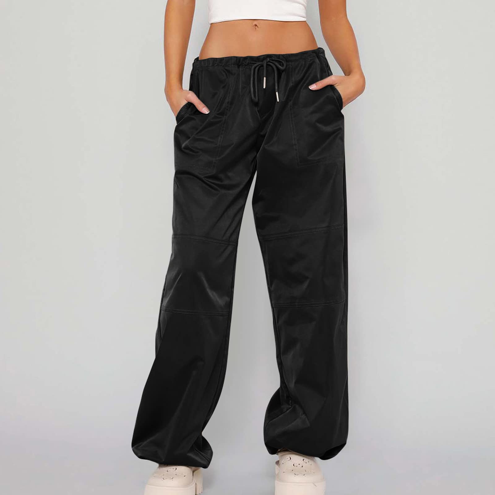 Cargo Pants Womens Parachute Pants Drawstring Low Waist Sports Trousers Loose Cinch Bottom Joggers with Pockets Black