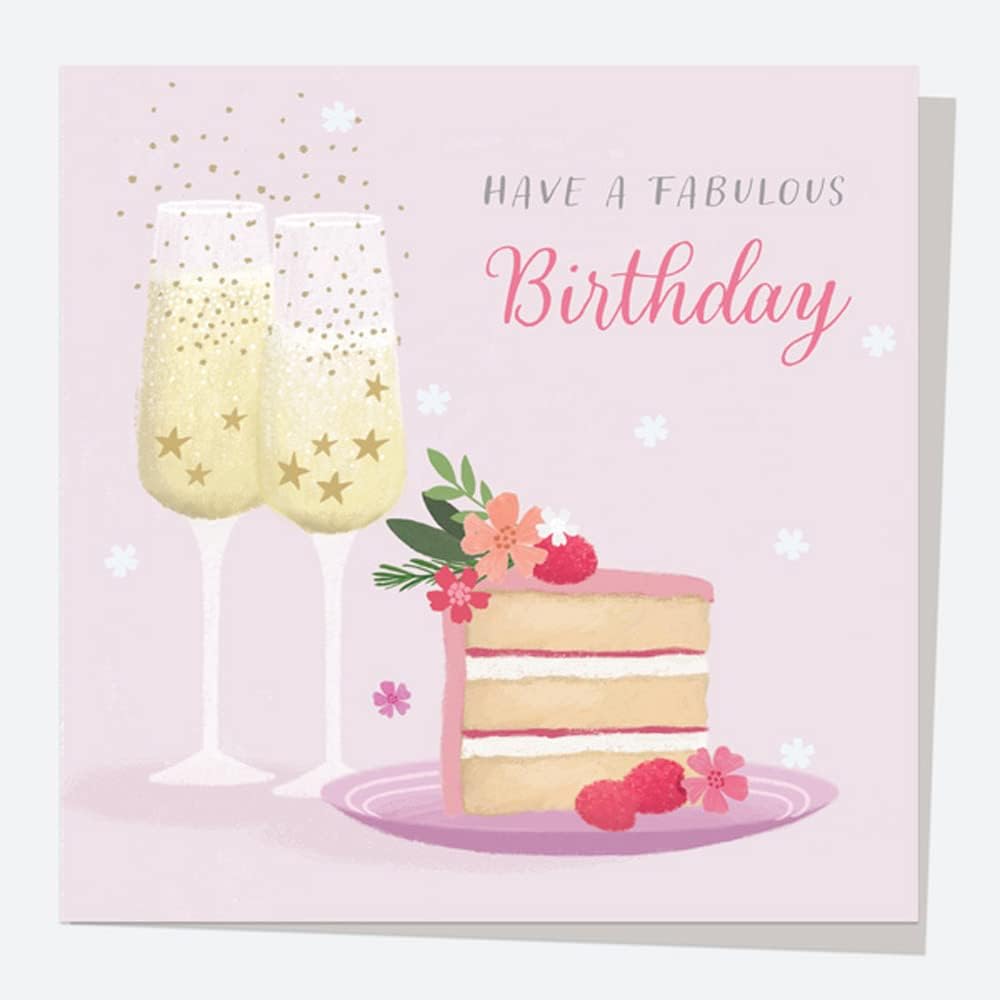 Dotty about Paper - Adult Female Birthday Card - Drinks - Cake & Fizz. Floral, Birthday Card for Her, Glasses, Cake, Bubbly. Envelope Included. (4197)