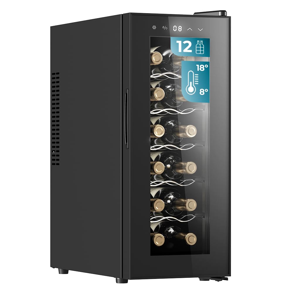 Cecotec Vinoteca Bolero GrandSommelier 1250 CoolCrystal. Bodega para 12 botellas, enfriamiento termoeléctrico, silenciosa con 35 dB, temperatura regulable de 8-18ºC, panel táctil y luz LED interior.