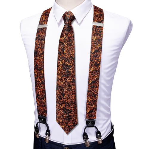 Image of Barry.Wang Men Suspender Set with Necktie Elastic Y Type Heavy Duty 6 Clips Braces Tie Handkerchief Cufflink Pin 6PCS