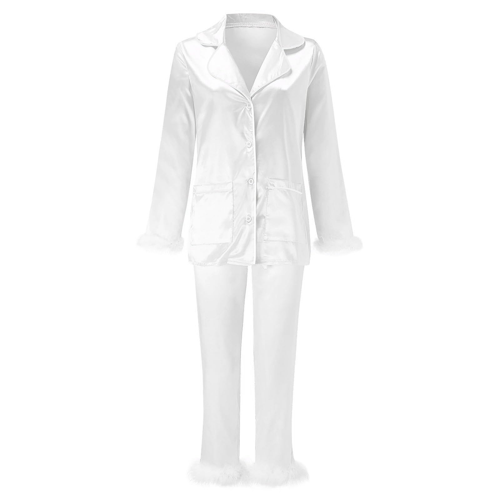 Pigiama da donna in raso di seta, sexy con scollo a V, a maniche lunghe, set da due pezzi, comodo pigiama con piume, set da sposa in tinta unita, colletto con risvolto, abbigliamento da notte, super