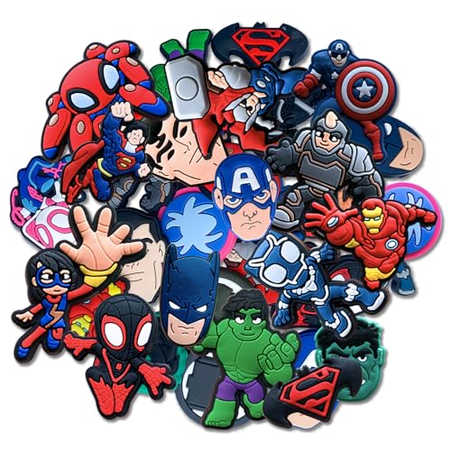 Joivoritow 20Pcs Hero Shoe Decoration Charms for Croc Clog Sandals Cartoon Shoe Accessories Charms for Gifts Black