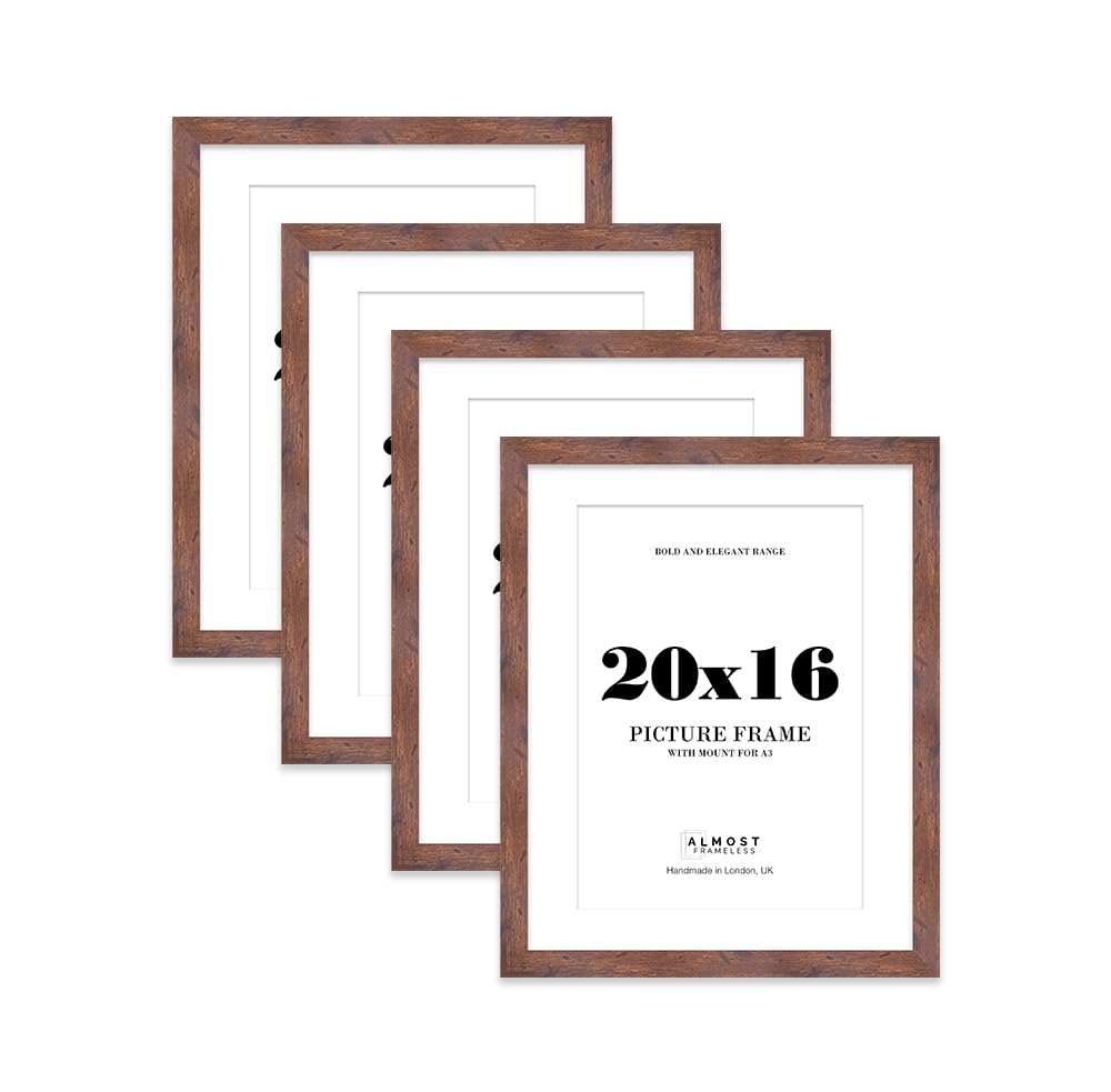 20x16 Rustic Wood Frame With Mount for A3 Pictures 28mm Edge Portrait and Landscape Display with Wall Hooks, 4 Pack
