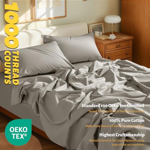 Shilucheng 100% Egyptian Cotton Queen Size Sheets Set - 1000 Thread Count,Luxury Cotton Bed Sheets,Breathable & Cooling Bedding and Pillow Cases, 16 Inch Deep Pocket - 4 Piece (Taupe, Queen)