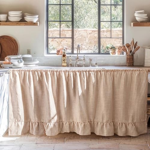 VitalCozy Cabinet Curtain 28 W x 51 L Sink Skirt for Bathroom Kitchen Brown Stripes Ruffles Short Curtain for Home Classroom Farmhouse Rustic Drape Under Desk Privacy Drape for Laundry Room