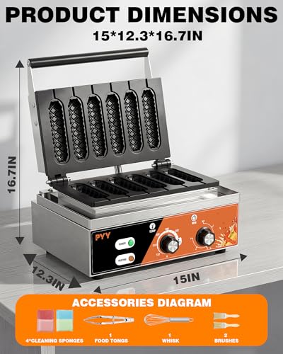 Image of PYY Corn Dog Waffle Maker - 6PcsCommercial Waffle Stick Maker Non-stick Stainless Steel Hotdog Waffle Maker Machine 572 ℉ Temperature and 5 Mins Timer for Food Truck, Bakery, Snack Bars 1500W