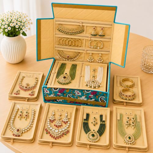 Image of Trendifly Royal Flower Design Jewellery Organiser bag | Travel Makeup Cosmetic Jewelry Storage organizer box for Bridal women Earrings Bracelet Necklace (Aqua Green)