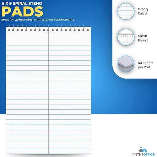Miniatura 2 de 1InTheOffice Steno Pads Spiral 6x9, bloc de notas encuadernado superior, regla Gregg, blanco, 80 hojas, 12 unidades