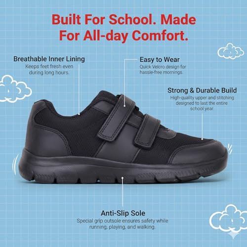 Image of ATHCO Fushion School Shoes Black for Boys & Girls| Soft Cushioned Memory Foam Heel Pad Support|Uniform Shoes | Lightweight | Velcroo |Easy Wear & Care|Padded Textured Heel Grip Lining | Breathable | All Day Comfort