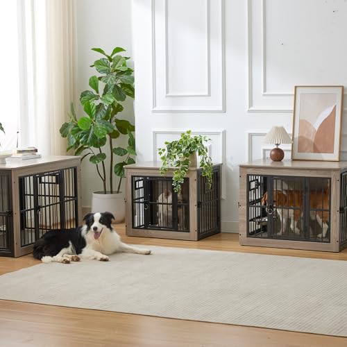 Gardner Pet Hundekäfig Möbel, 99cm Hundebox für Zuhause, Moderne Hundehütte Indoor mit 3 Türen und verstellbaren Näpfen, Hundehaus aus Metall und Holz für mittlere Hunde, 99x65x69 cm, Grau