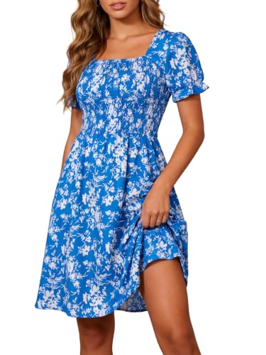Image of Berydress Women's Summer Dresses 2026 Casual Boho Smocked Mini Sun Dress | Flowy Square Neck Short Sleeve Sundress, Floral A Line Style with Pockets, For Beach Vacation, Wedding Guest, Going Out