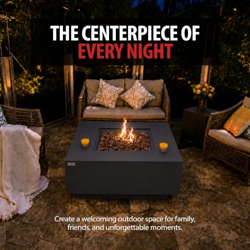Image of AMS Creations | Brooklyn 40 inch Bundle Square Propane Gas Outdoor Fire Pit Table | Dark Gray Concrete GFRC Smooth Texture Surface Fire Pit Table