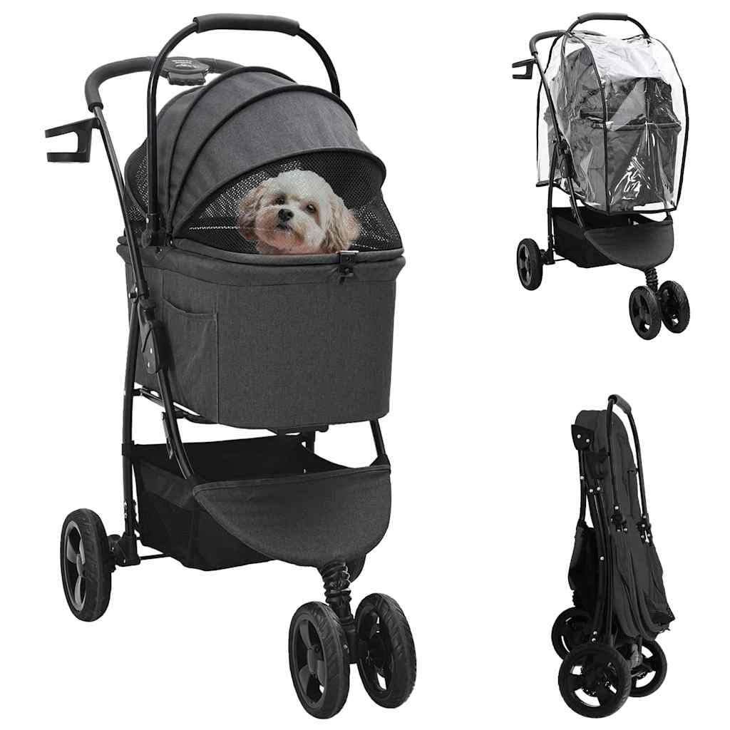 Passeggino pieghevole per animali domestici nero, in poliestere con telaio in acciaio, dimensioni 78 x 54 x 101 cm, per cani e gatti fino a 25 kg, con tasche laterali, cestino