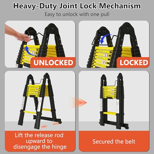 Image of Telescoping Ladder A Frame 16.5Ft with Stabilizer Bar, Black+Yellow | 330 LBS Capacity with Non-Slip Feet, Aluminum, Collapsible Extension Ladder for House, Roof, RV & Travel Trailer