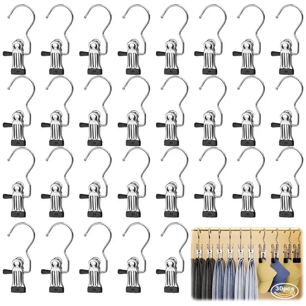 30-piece Portable Clothes Clips Set | Space-saving Clip Hanger | Featuring Heavy-duty Metal Hooks and Non-slip Hanger Clips | Foldable Drying Rack Solution for Travel and Camping（30）
