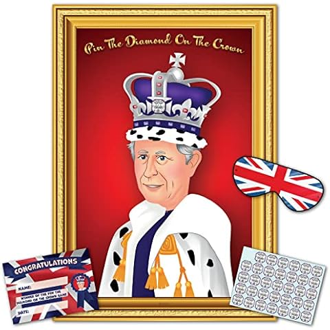 Kings Coronation Party Game - Pin The Diamond On The Crown | 35 Player | Blindfold | Certificate | Poster | included for King Charles Coronation, Union Jack Party Supplies, Royal Party Decoration Cover