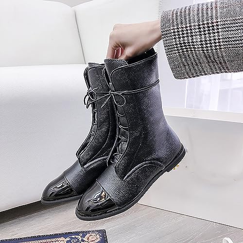 Women's Round Toe Lace up Mid Calf Flat Boots,Fashion Hand Stitching Non Slip Wearable Square Heel Low Heel Leather Shoes Casual Winter Snow Boots Pointed Boots4