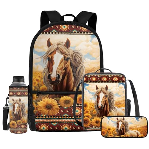 Western Aztec Horse Backpack with Lunchbag for Kids Boys 8-9/10-12/12-14 Backpacks 4 PCS Middle School Book Bag Lunch Box Pencil Bag Water Bottle Holder Bookbags Schoolbags for Teens