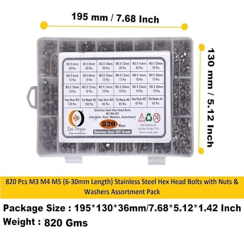 Image of Metric M3 M4 M5 Stainless Alloy Steel 202 Grade Full Threaded Hex Bolts Nuts And Washer Assortment Kit Set With Storage Box Pack Of 820 Pcs