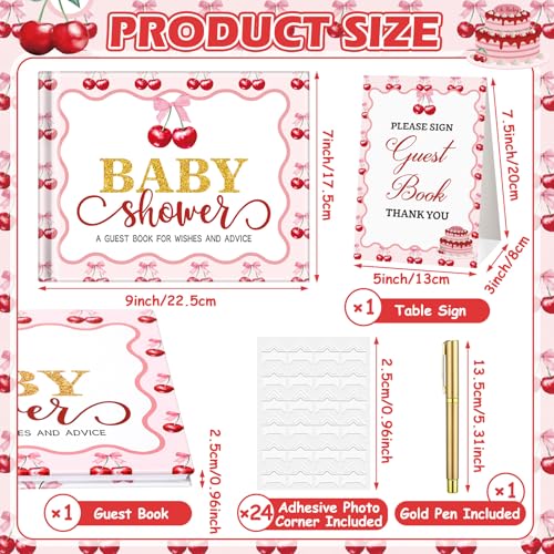 Image of Fuyoooo 27 Pcs Cherry Baby Shower Guest Book Set Baby Shower Sign in Guest Book Place Table Cards with Gold Pen Adhesive Photo Corner for Birthday Party