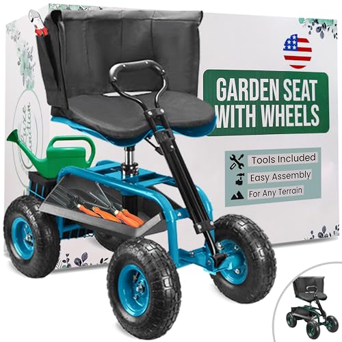 Luxe Function Garden Seat with Wheels – Adjustable 360° Swivel Gardening Stool with Hydraulic Height Adjustment, Ergonomic Backrest, and Tool Storage – Rolling Stool for Garden, Yard, and Outdoor Use