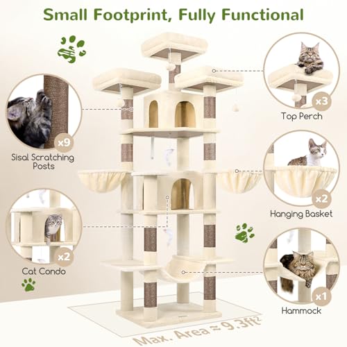 Image of Globlazer Big Cat Tower for Indoor Cats, 80inch Cat Tower for Multiple Adult Cats XXL Cat Tree with Scratching Post, Hammock, 3 Perches, 2 Condos, 2 Hanging Basket, F80, Beige
