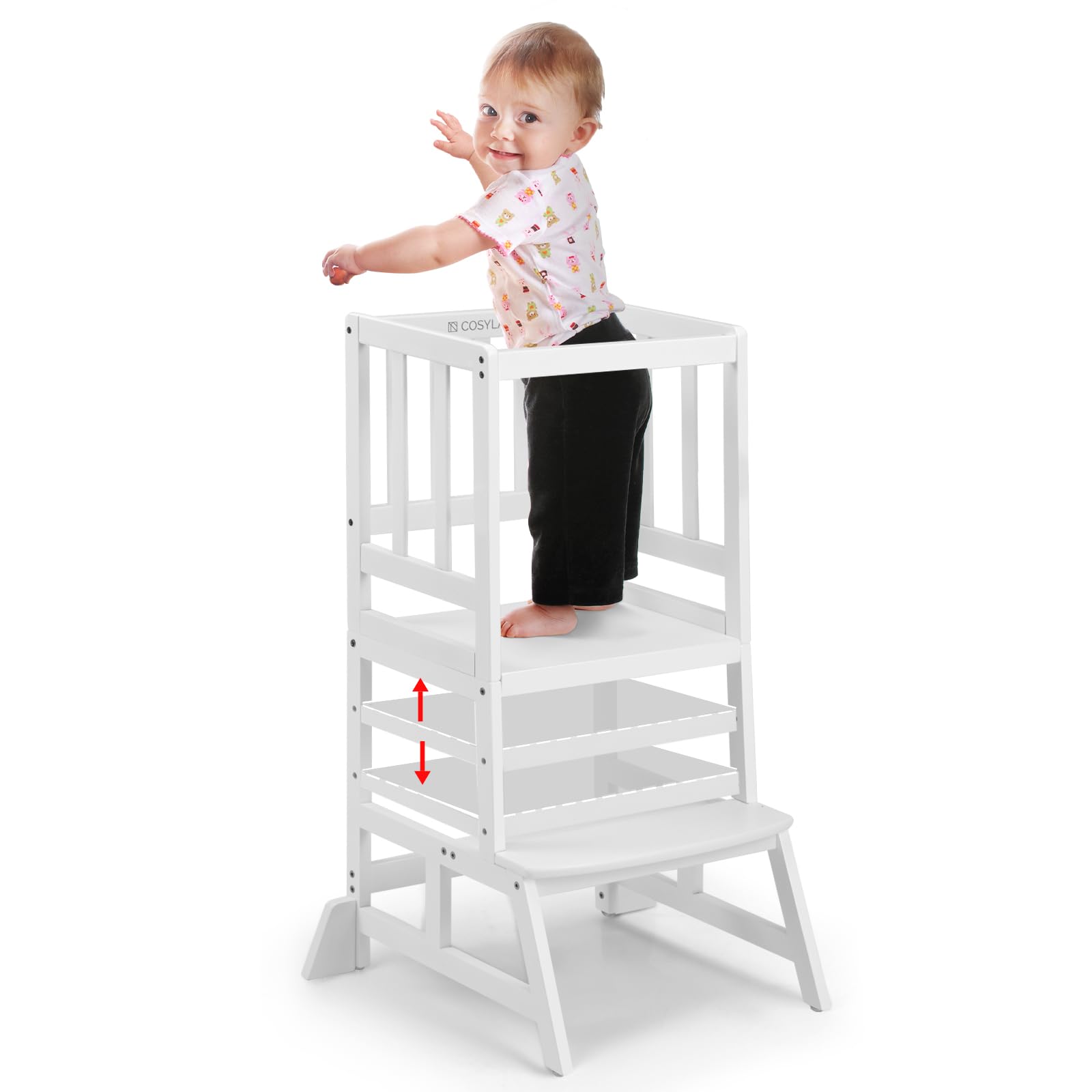 COSYLAND Tour d’Observation Montessori pour Enfant, Hauteur Réglable, Bambou Naturel, Chaise d’Apprentissage Bébé 18 Mois - Classic White