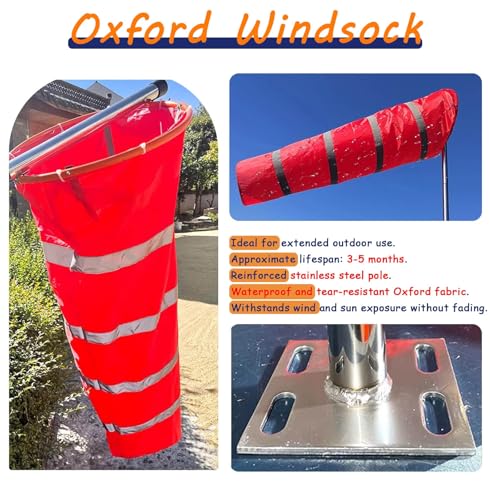 Airport Spinners Windsock Pole Kit, Wind Direction Measurement Sock Bag Outdoor, Reflective Winds Indicator Flags for Dock, Helipads, Farm(2.1 m pole)