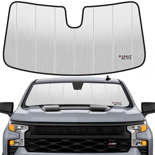 BasaltAuto Windshield Sun Shade Compatible for Chevy Silverado GMC Sierra 1500 2020-2026 2500 HD 3500 HD Silver Reflective Foldable Front Sun Visor Sunshade Protector