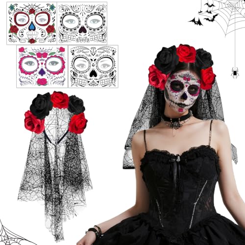 Giorno dei Morti Rose Cerchietto, Velo Della Morte Cerchietto di Halloween e 4 Tatuaggi Viso Temporanei, Giorno dei Morti Velo per Halloween, per Carnevale, Feste Cosplay Costume