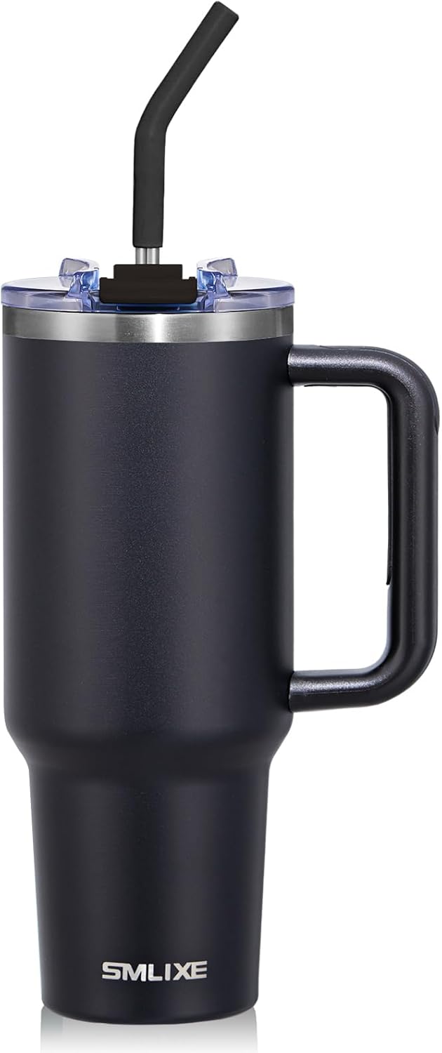 SMLIXE 40 oz Tumbler with Handle and Straw Lid,Insulated Reusable Stainless Steel Water Bottle Travel Mug,Cupholder Friendly Double Wall Vacuum Sealed Cup (Black)