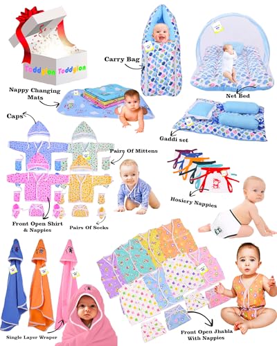 Image of Toddylon 56 In 1 New Born Baby Products All | Gift Packs | Baby Shower | Baby Bed | Baby Clothing | Essentials Items | Combo Pack | Maternity Kit | Infants | Bedding | Clothes (0-6 Months, Multicolor)