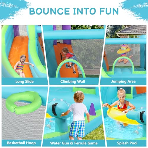 LALAHO Indoor & Outdoor Bouncy Castle with Water Slide, Splash Pool and Ring Toss Game, 370 x 300 x 220 cm, Includes 350W Blower, Garden Play Centre - Image 4