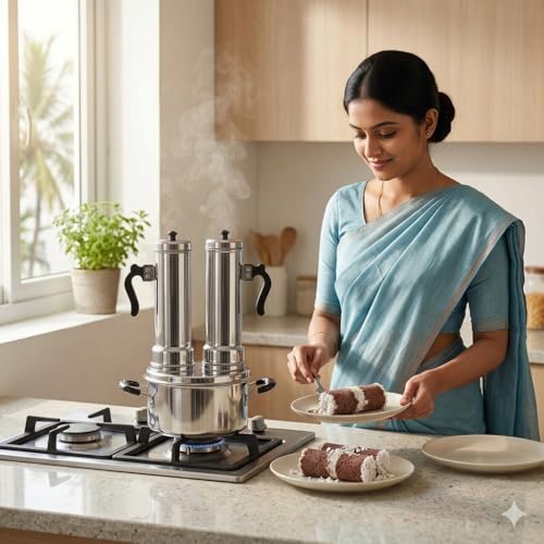 Image of Nakshathra Stainless Steel Puttu Maker with Steamer, Puttu Kudam, 2 Puttu Pipe & Free One Extra Pipe, Gas & Induction Compatible, Durable Food-Grade Rice Cake Maker
