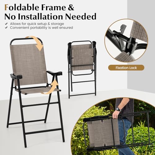 Image of COSTWAY 2 Pieces Patio Folding Bar Chairs with Metal Frame, Footrest, Arms | Outdoor Counter Height Bar Stools with High Backrest, High Top Chairs for Balcony, Garden, Deck, Porch & Poolside (Coffee)