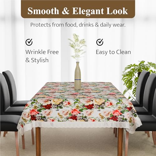 Image of Kuber Industries 60x90 Inch PVC Dining Table Cover 6 Seater Waterproof | Indoor and Outdoor Dining Table Cover /Sheet for Party and Events | Rose Design - White